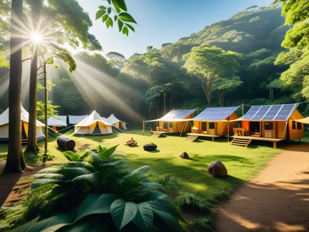 Vista panorámica de un campamento ecológico sostenible en un exuberante bosque, con paneles solares y contenedores reciclables