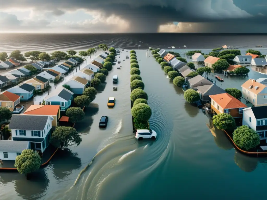 Vista panorámica de ciudad costera afectada por crisis climática