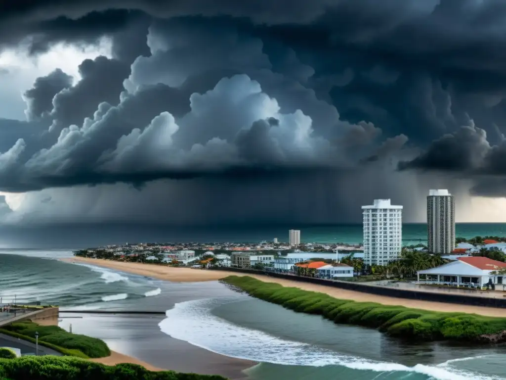 Vista panorámica de una ciudad costera con nubes de tormenta, erosión costera y la palabra clave 'Adaptaciones legales ante crisis climática'