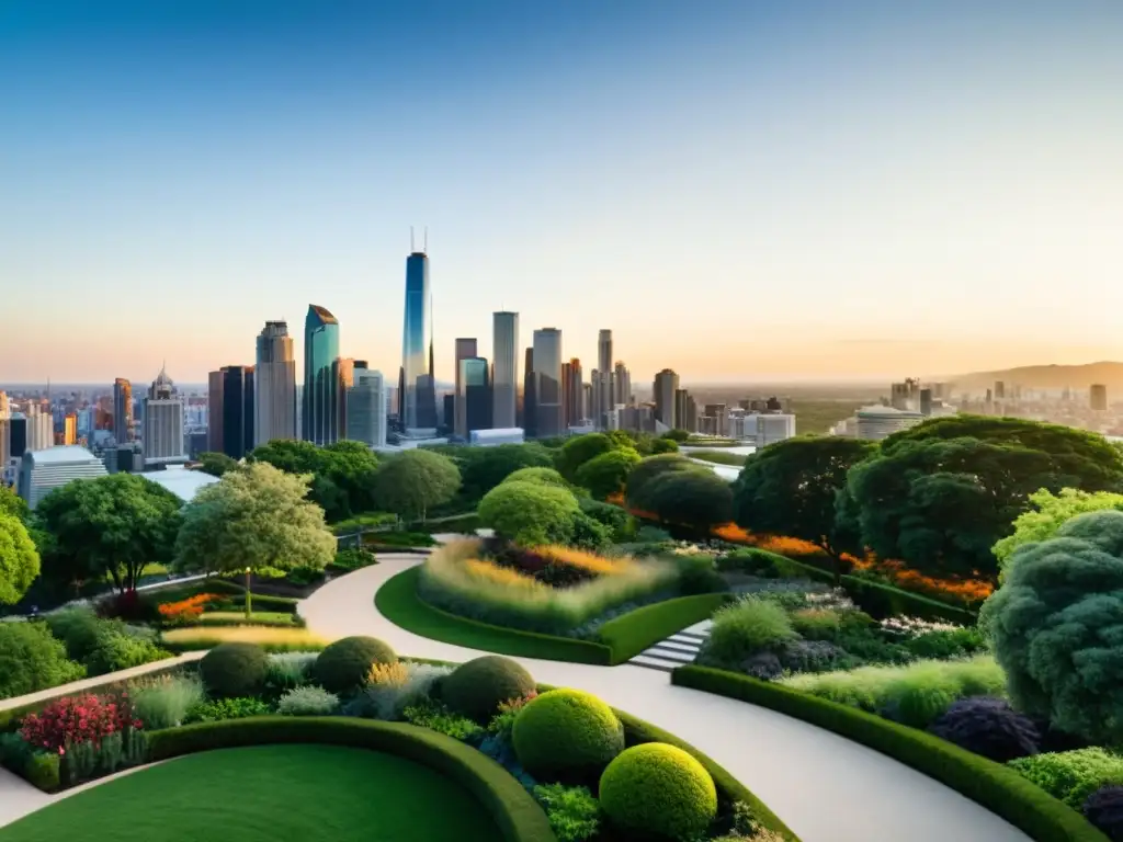 Vista panorámica de una ciudad moderna y sostenible al atardecer, con rascacielos y parques verdes