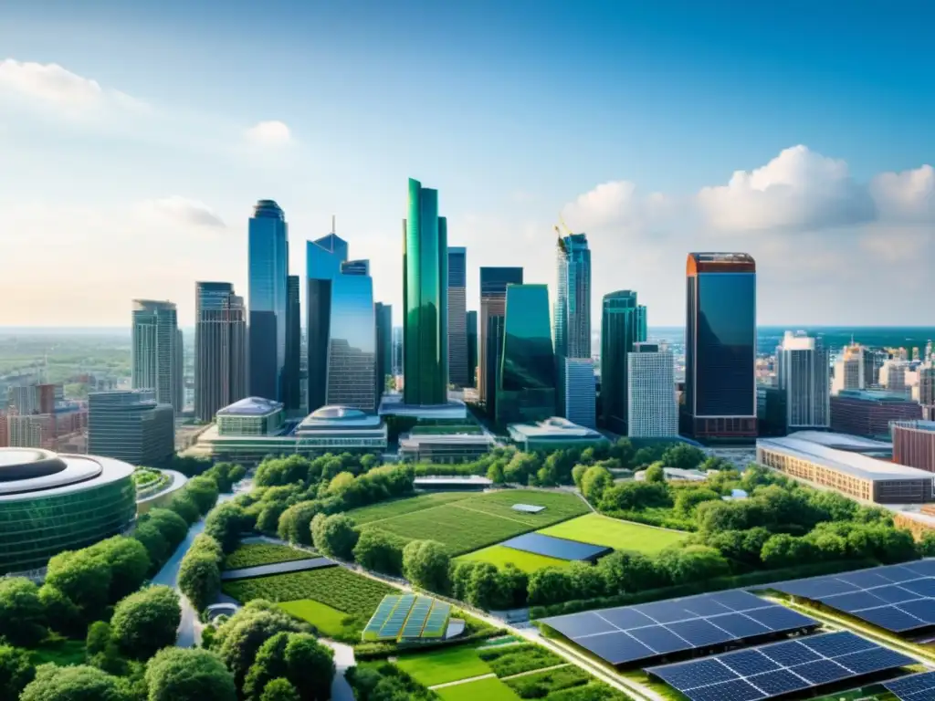 Vista panorámica de una ciudad moderna y sostenible, con certificación sostenibilidad corporativa beneficios integrados en su diseño urbano