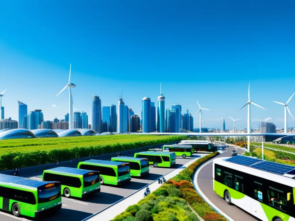 Vista panorámica de una ciudad moderna con edificios sostenibles, transporte eléctrico y energía renovable