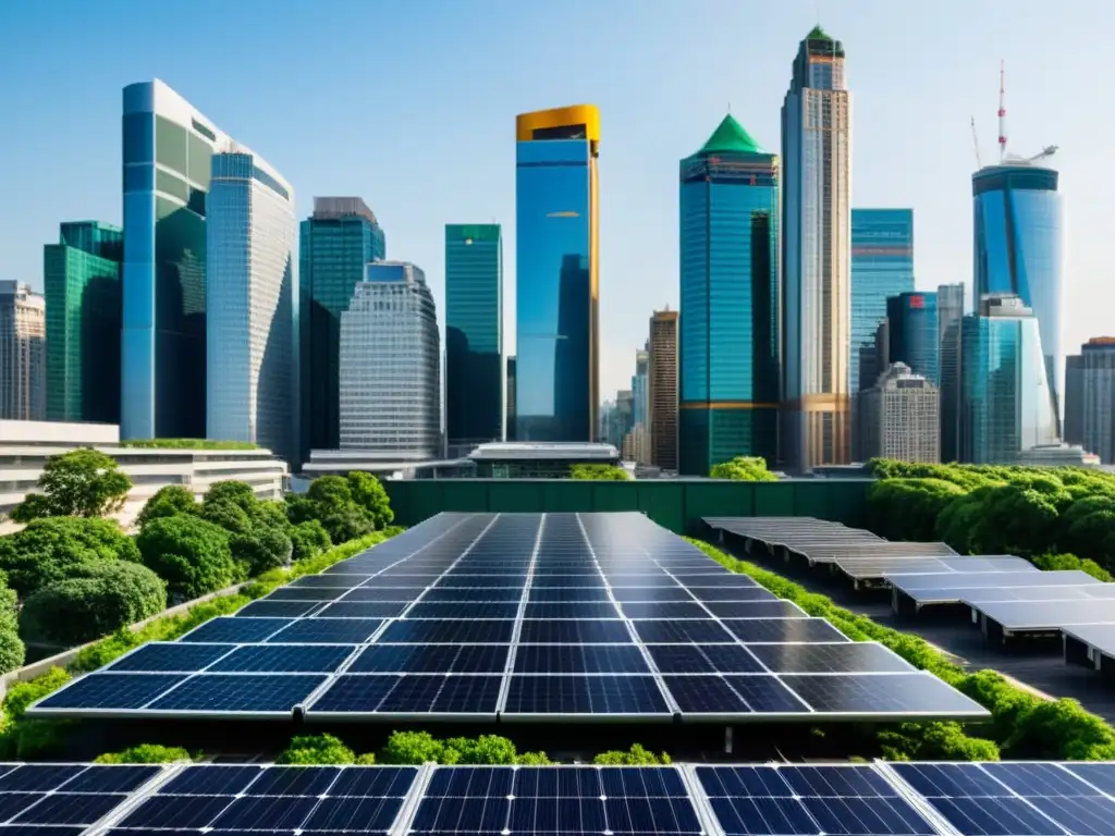 Vista panorámica de la ciudad con paneles solares y techos verdes, simbolizando acciones del sector privado en finanzas climáticas