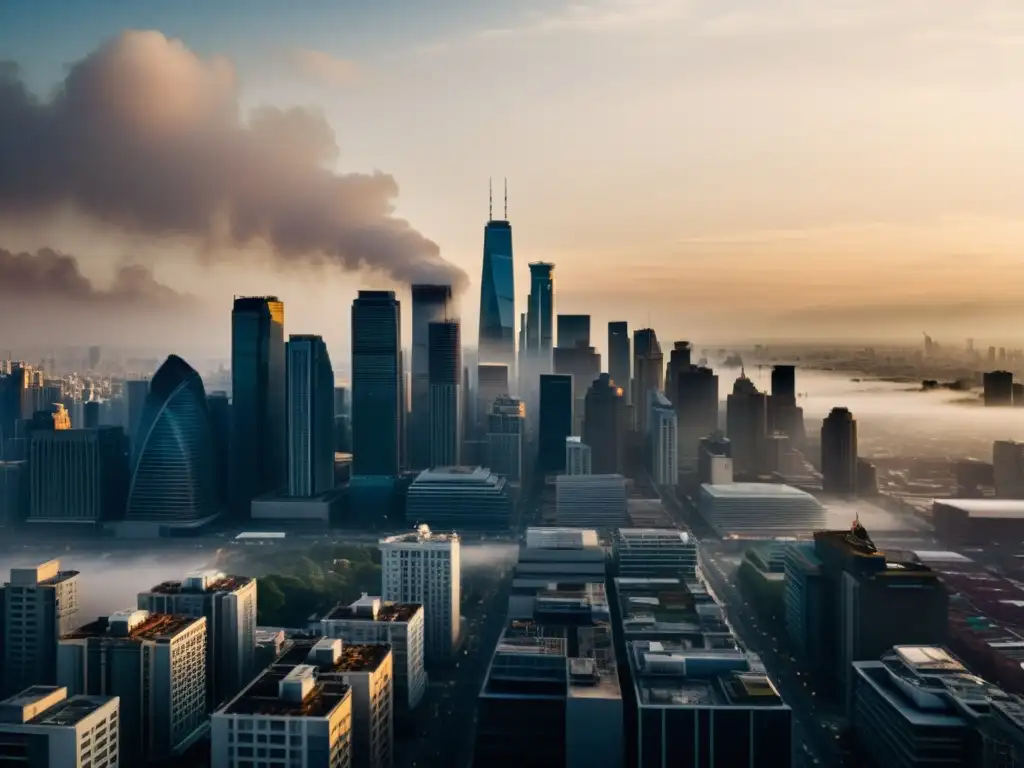 Vista panorámica de la ciudad con smog, reflejando el impacto de las finanzas climáticas en la economía global