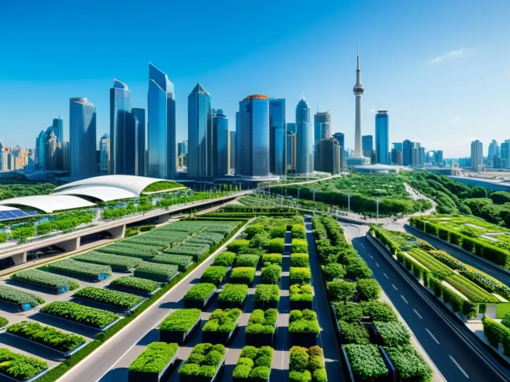 Vista panorámica de un distrito financiero sostenible, con rascacielos, vehículos eléctricos, jardines verticales y paneles solares