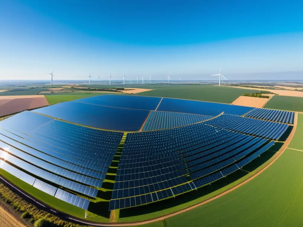 Vista panorámica de una extensa granja solar con paneles relucientes bajo un cielo azul