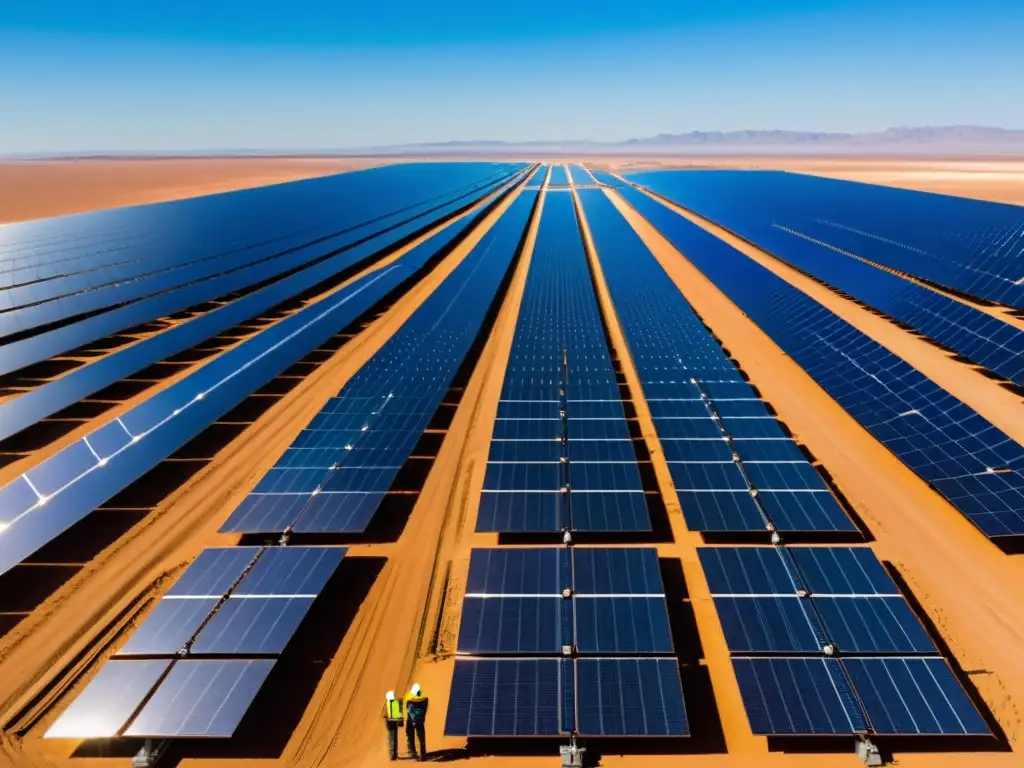 Vista panorámica de una extensa granja solar en el desierto, con paneles relucientes bajo el cielo azul