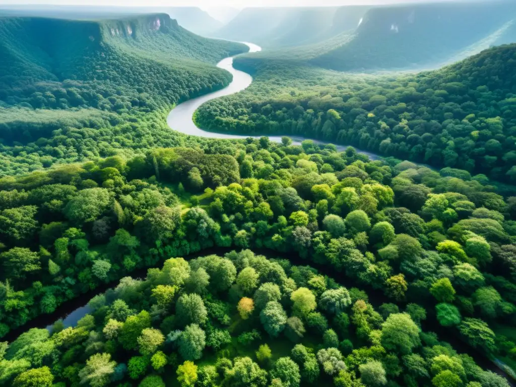 Vista panorámica de exuberante bosque con diversa flora y fauna