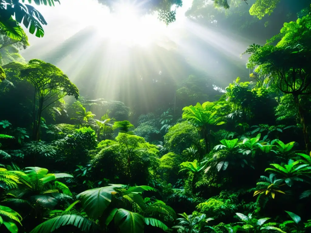 Vista panorámica de un exuberante dosel de selva lluviosa, con una biodiversidad asombrosa de especies vegetales y animales