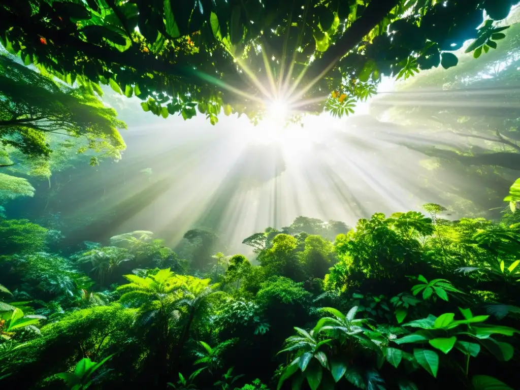 Vista panorámica de un exuberante dosel de selva lluviosa, con una diversidad de especies vegetales y animales entrelazadas