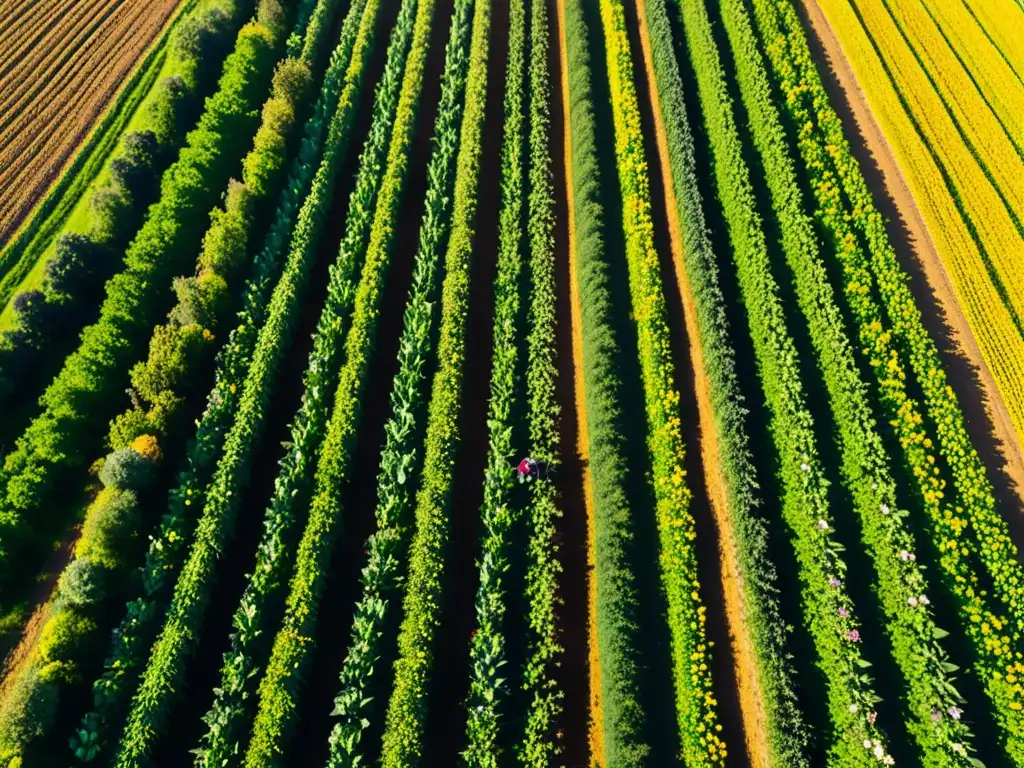 Vista panorámica de una exuberante granja orgánica, donde los agricultores cuidan con esmero los cultivos