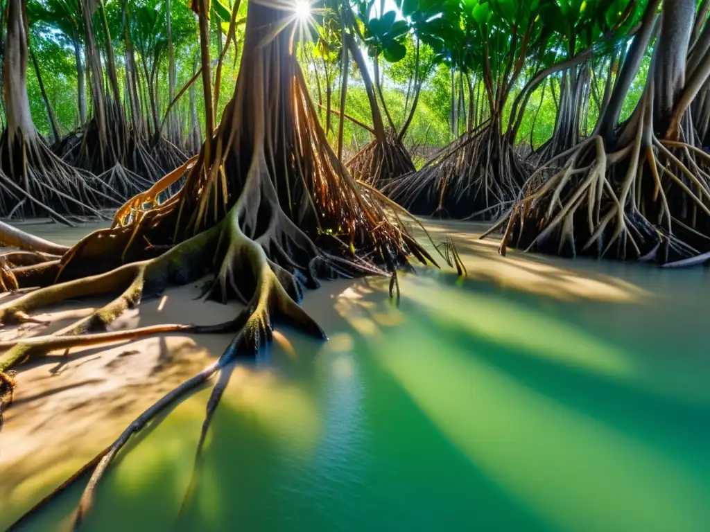 Vista panorámica de un exuberante manglar, reflejo de la importancia de los manglares en mitigación, con biodiversidad y belleza natural