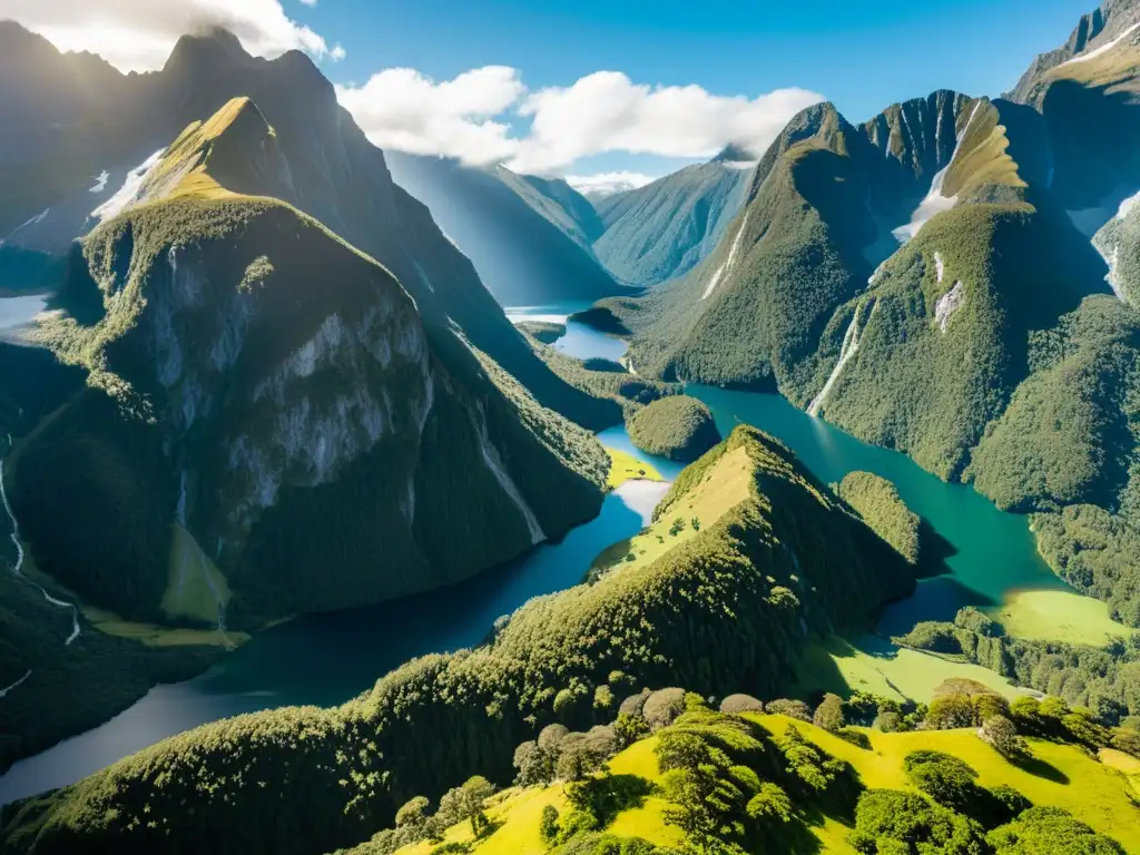 Vista panorámica del exuberante Parque Nacional Fiordland en Nueva Zelanda, ideal para retiros de ecoturismo