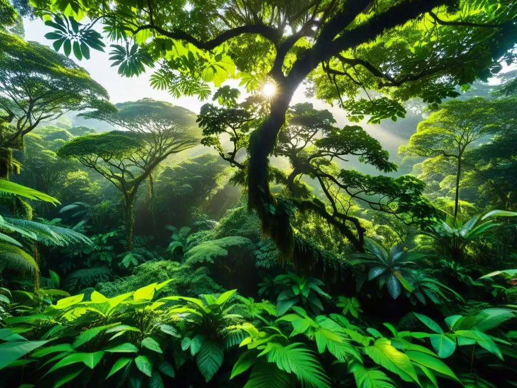 Vista panorámica de exuberante selva tropical con diversa vida silvestre