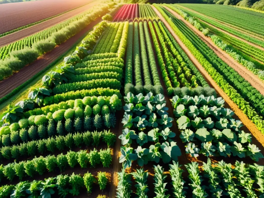 Vista panorámica de una exuberante y vibrante granja orgánica con cultivos coloridos, bañada por la cálida luz del sol