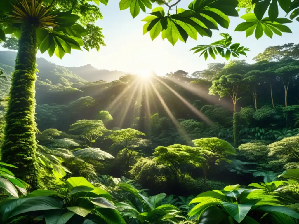 Vista panorámica de un frondoso bosque verde con luz solar filtrándose a través del dosel, resaltando la exuberante vegetación y el diverso ecosistema