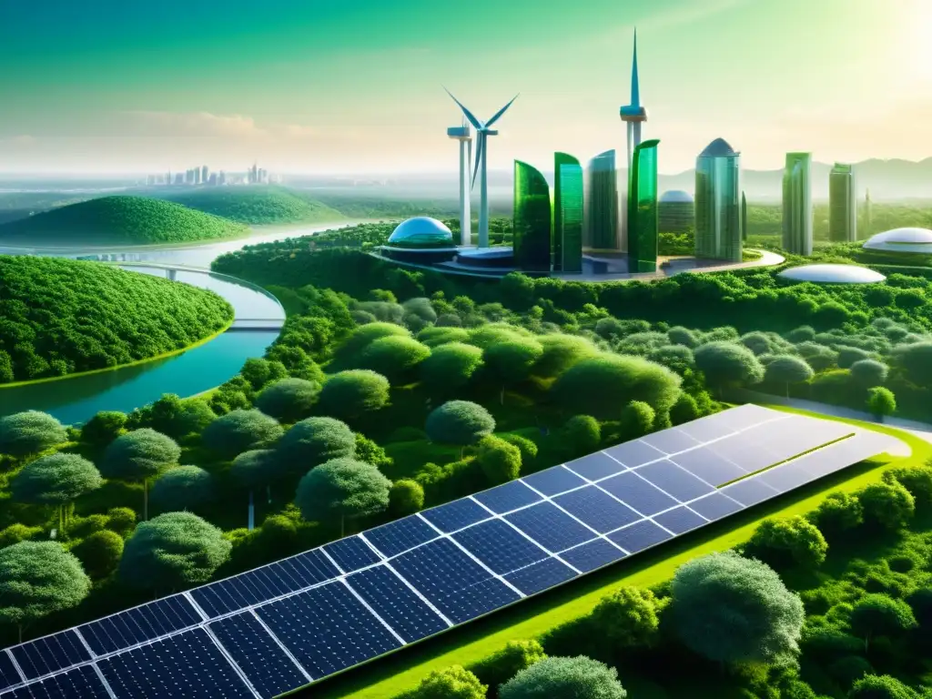 Vista panorámica futurista de una ciudad ecológica con tecnologías emergentes para protección ambiental, armonizando tecnología y naturaleza