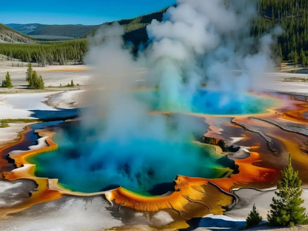 Vista panorámica de los geysers de Yellowstone con fuentes termales coloridas y vapor, en un paisaje natural