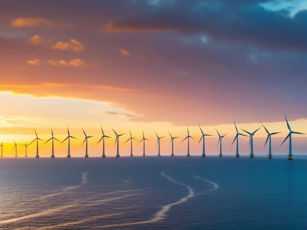 Vista panorámica de un gigantesco parque eólico marino al atardecer, con turbinas eólicas que se extienden hacia el horizonte