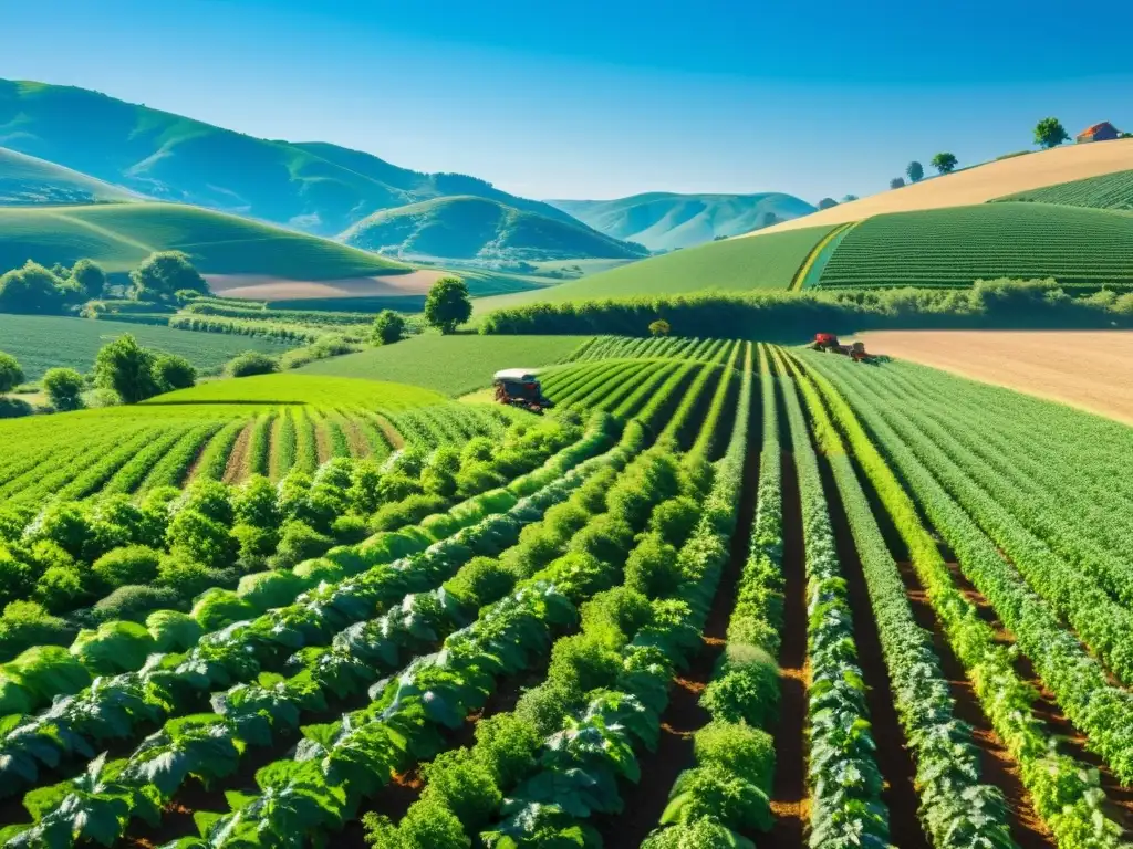 Vista panorámica de una granja exuberante y vibrante, con cultivos variados en armonía