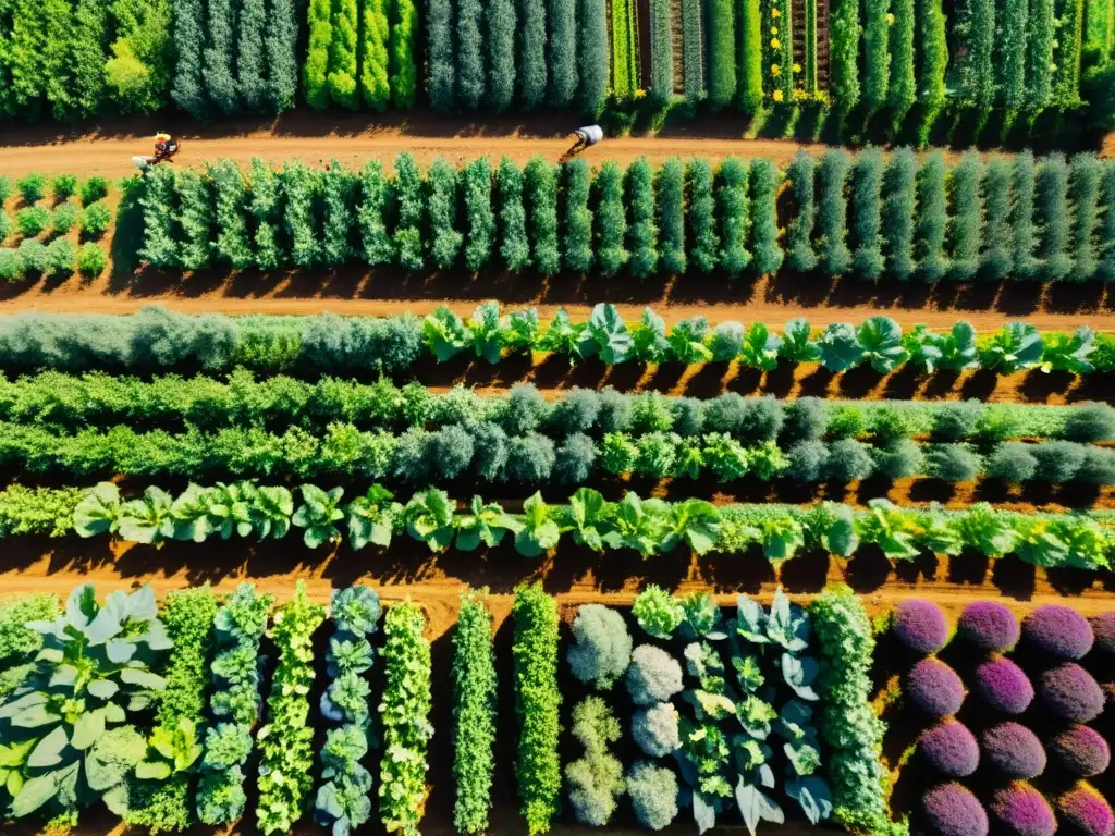 Vista panorámica de una granja orgánica diversa y vibrante, resaltando los beneficios de los alimentos orgánicos en los ecosistemas