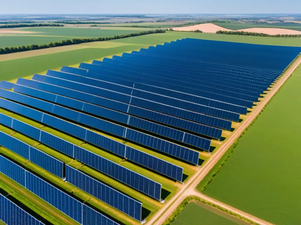 Vista panorámica de una granja solar con paneles y turbinas eólicas bajo el cielo azul, resaltando el papel crucial del almacenamiento de energía en ecosistemas de energía renovable en todo el mundo