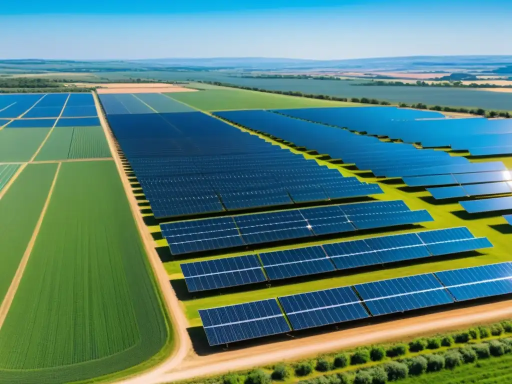 Vista panorámica de una granja solar con paneles relucientes bajo el sol