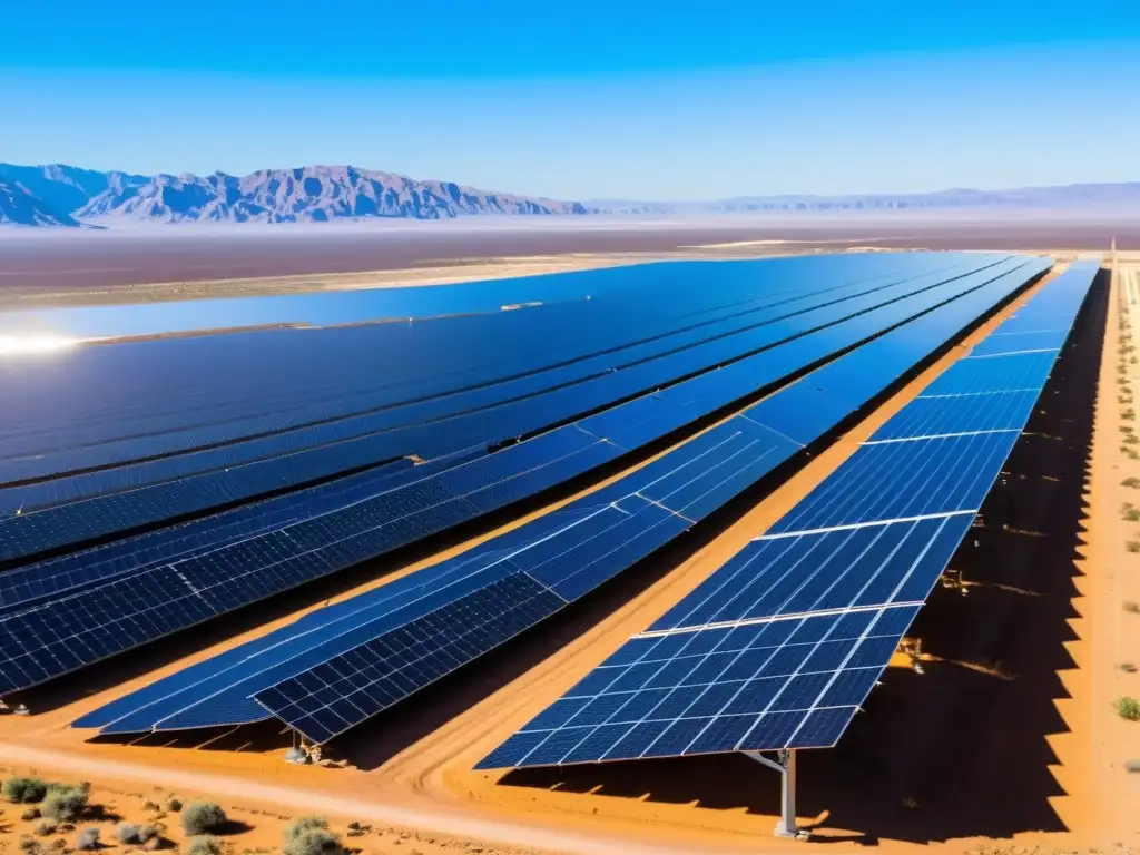 Vista panorámica de una granja solar en el desierto, con paneles glistando bajo el sol