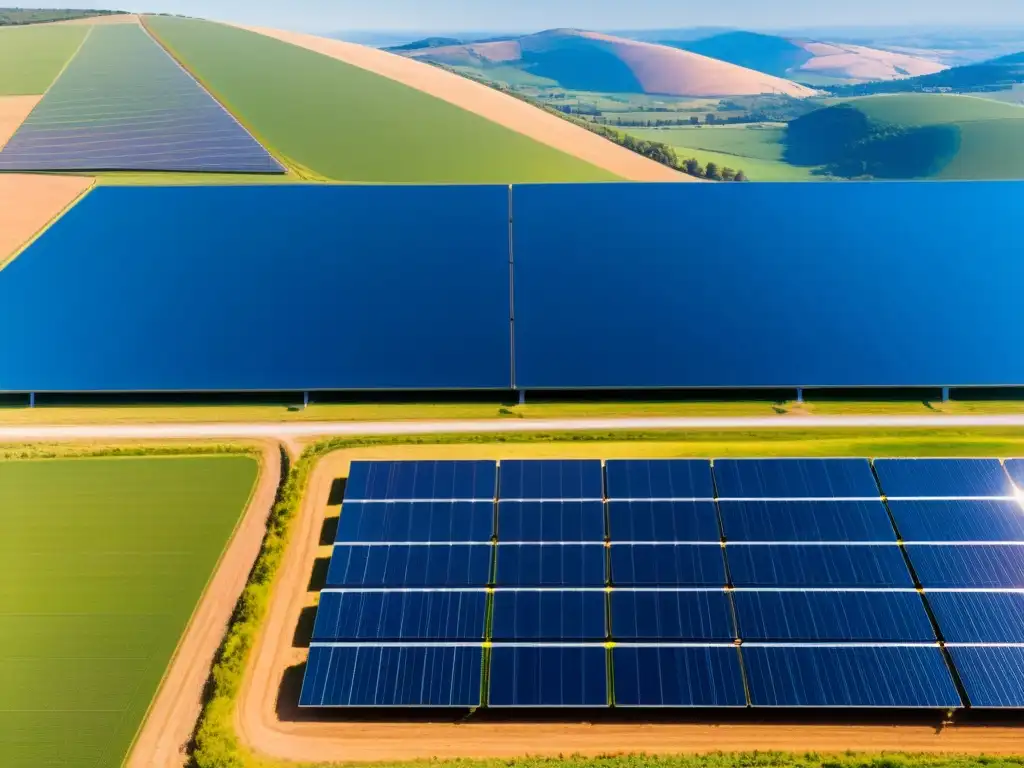 Vista panorámica de una granja solar en colinas, con paneles reflejando la luz del sol bajo un cielo azul