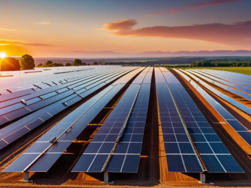 Atardecer en la granja solar: belleza tecnológica y armonía ambiental Vista panorámica de una granja solar al atardecer, con paneles solares en filas y colores vibrantes en el cielo