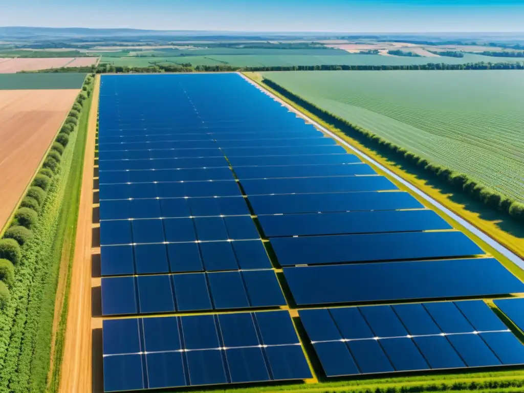 Vista panorámica de una granja solar con paneles fotovoltaicos brillando bajo el sol