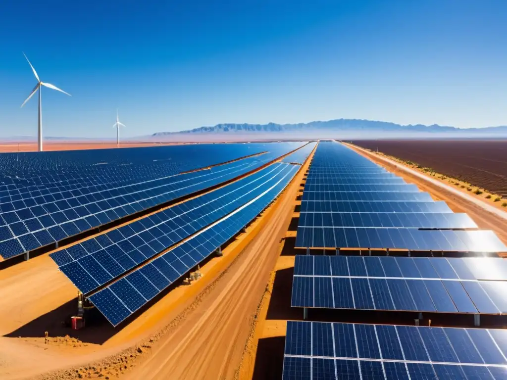Granja solar en el desierto: innovación y sostenibilidad Vista panorámica de una granja solar en el desierto, con técnicos inspeccionando paneles solares y turbinas eólicas al fondo