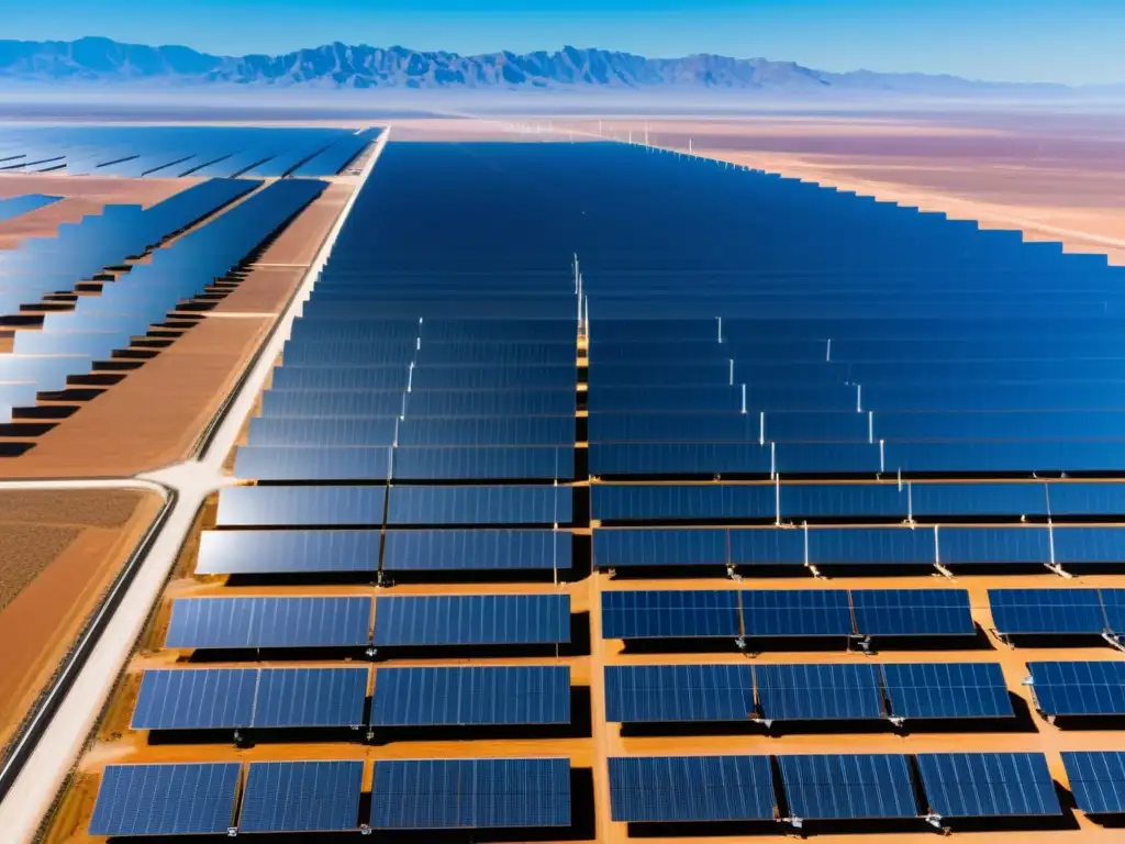 Vista panorámica de una granja solar en el desierto, con paneles solares relucientes y molinos de viento girando en el fondo