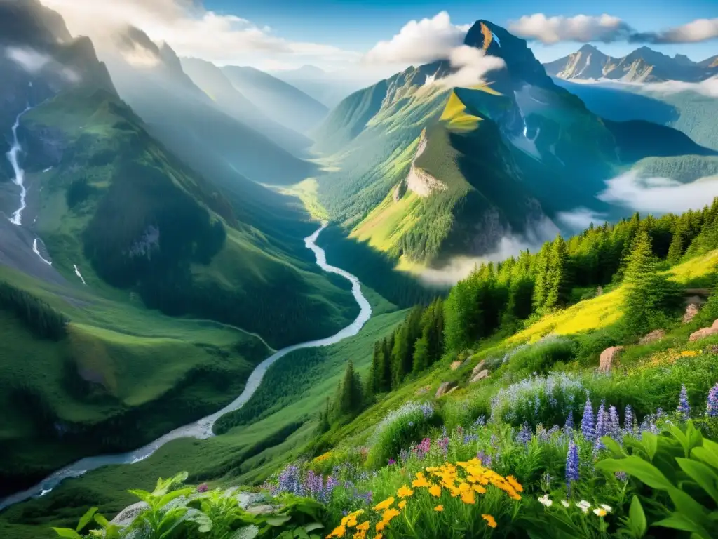 Vista panorámica de una imponente cordillera envuelta en neblina, con un rico ecosistema de montaña