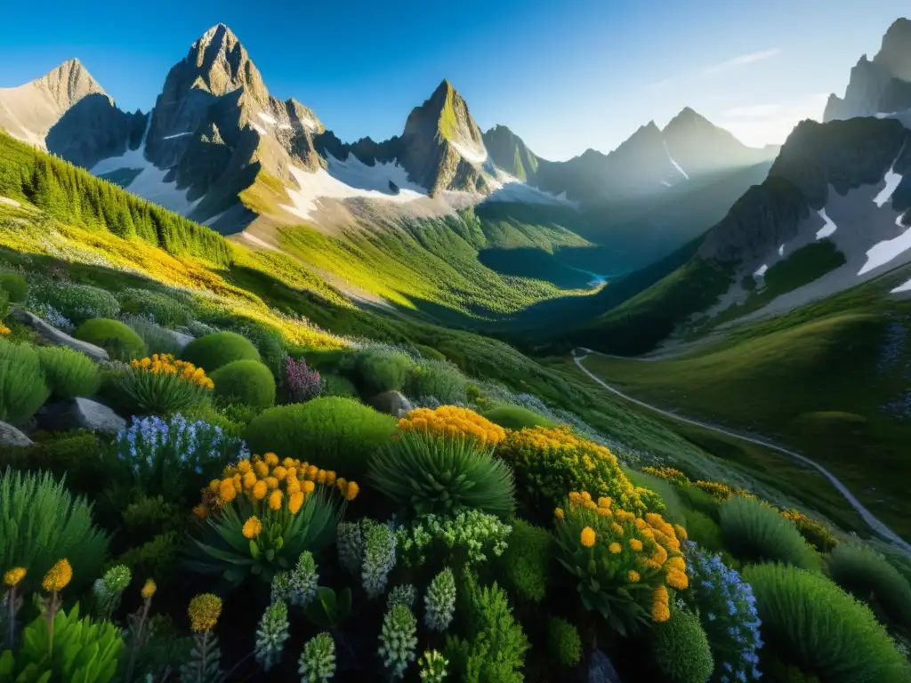 Vista panorámica impresionante de un ecosistema de montaña con plantas adaptadas a montaña, destacando la diversidad y belleza de la vegetación alpina