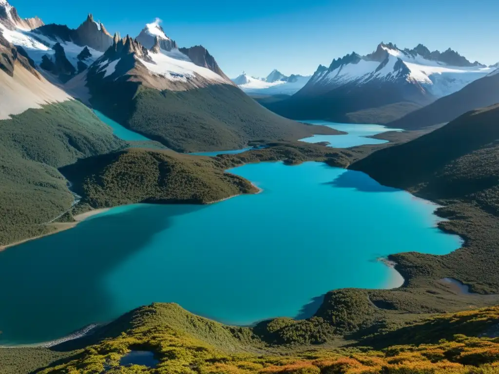 Una vista panorámica impresionante de las montañas nevadas de la Patagonia, con un lago azul cristalino en primer plano reflejando la belleza natural