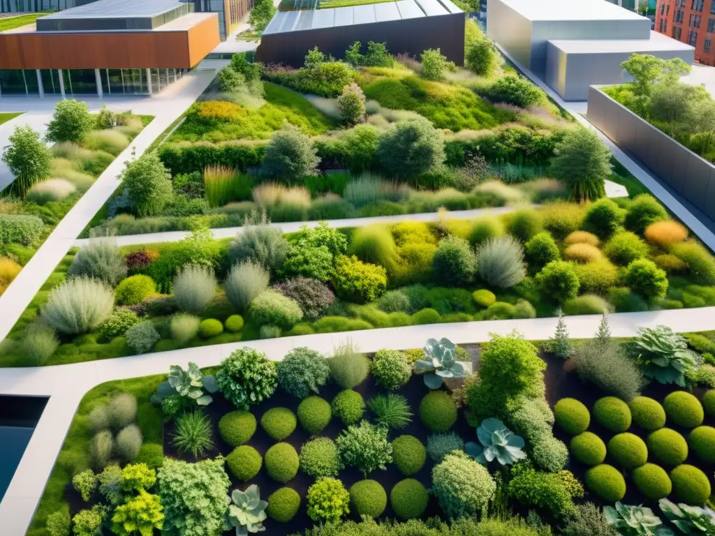 Vista panorámica de infraestructura verde en entorno urbano, destacando la integración de soluciones sostenibles en la construcción de la ciudad