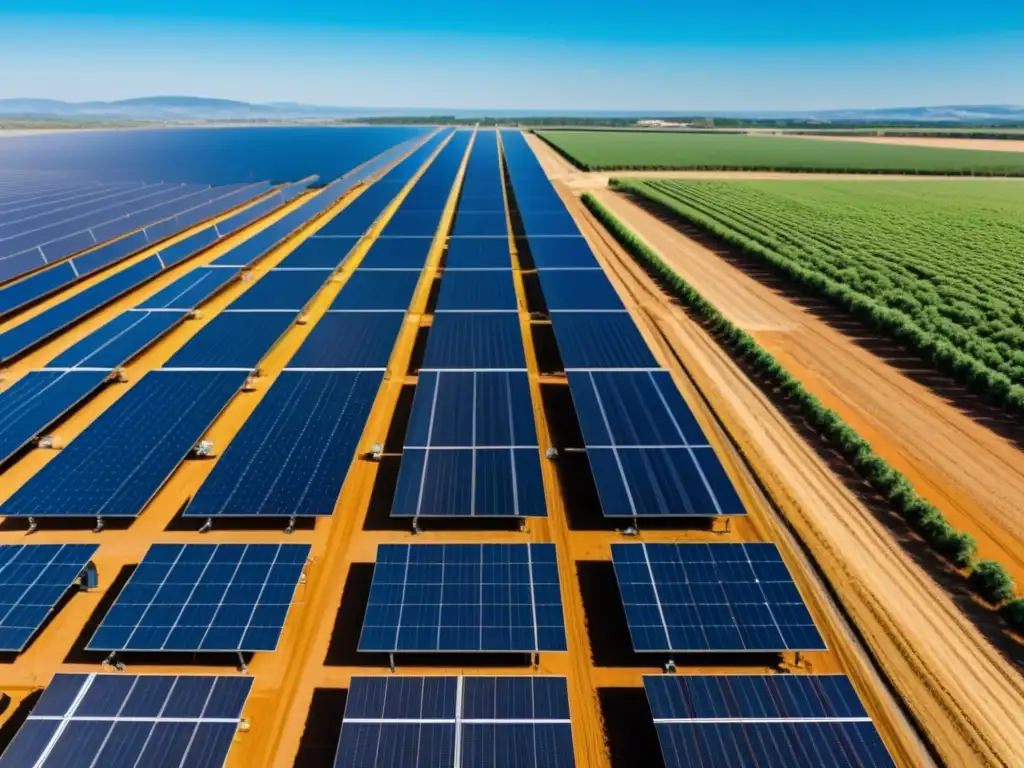 Vista panorámica de una inmensa granja solar bajo un cielo azul claro