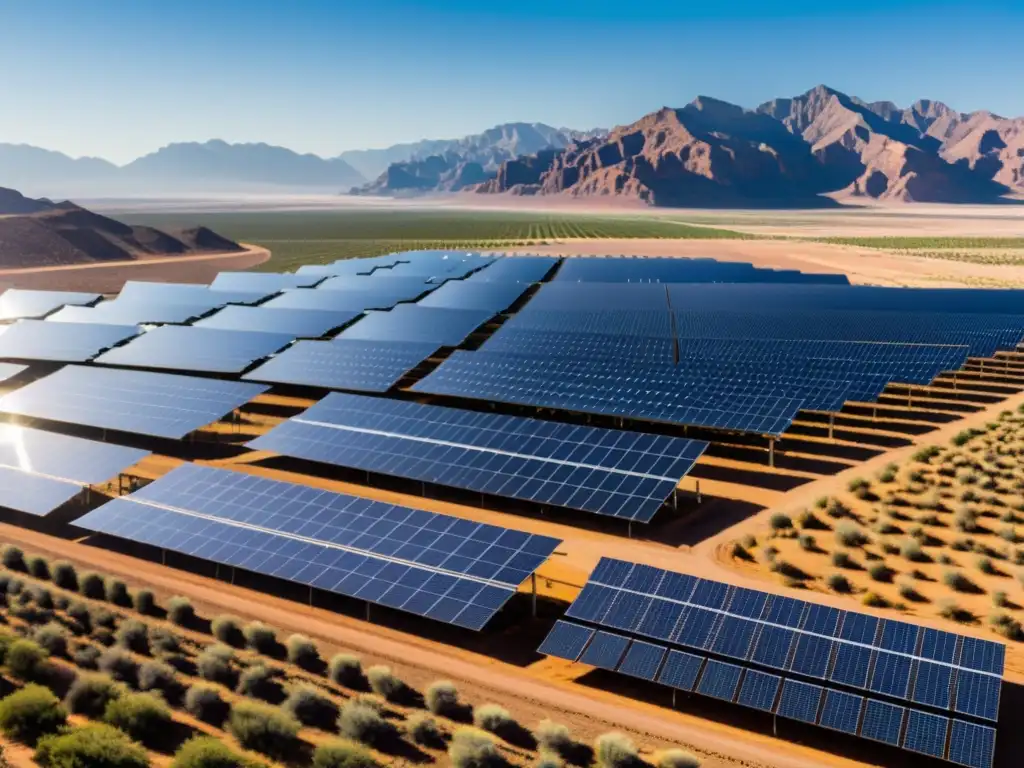 Vista panorámica de una inmensa granja solar en el desierto, con paneles relucientes al sol y certificaciones energías renovables