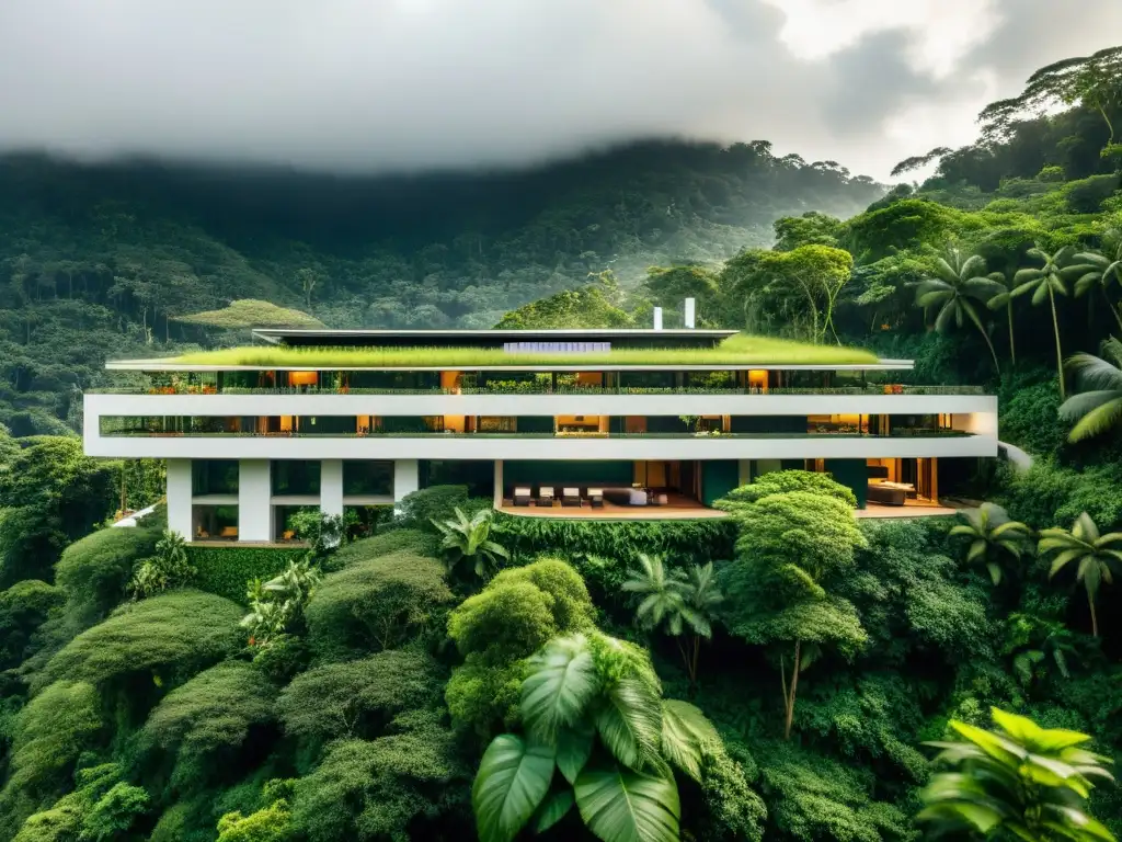 Vista panorámica de un innovador hotel ecológico en la selva, con actividades sostenibles y diseño integrado