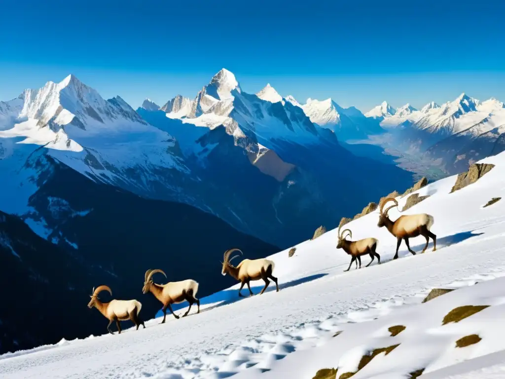 Vista panorámica de los majestuosos Alpes con una familia de grandes mamíferos en el primer plano, inmersos en la belleza salvaje de la montaña