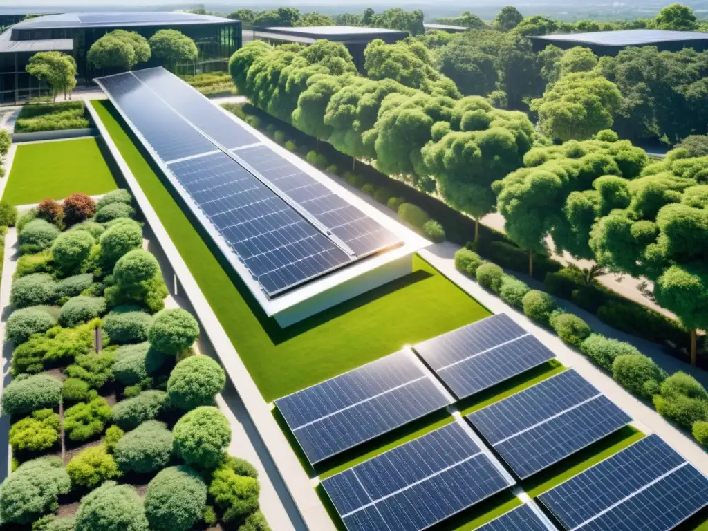 Vista panorámica de un moderno edificio de oficinas con paneles solares, resaltando la importancia de certificaciones energéticas sostenibles