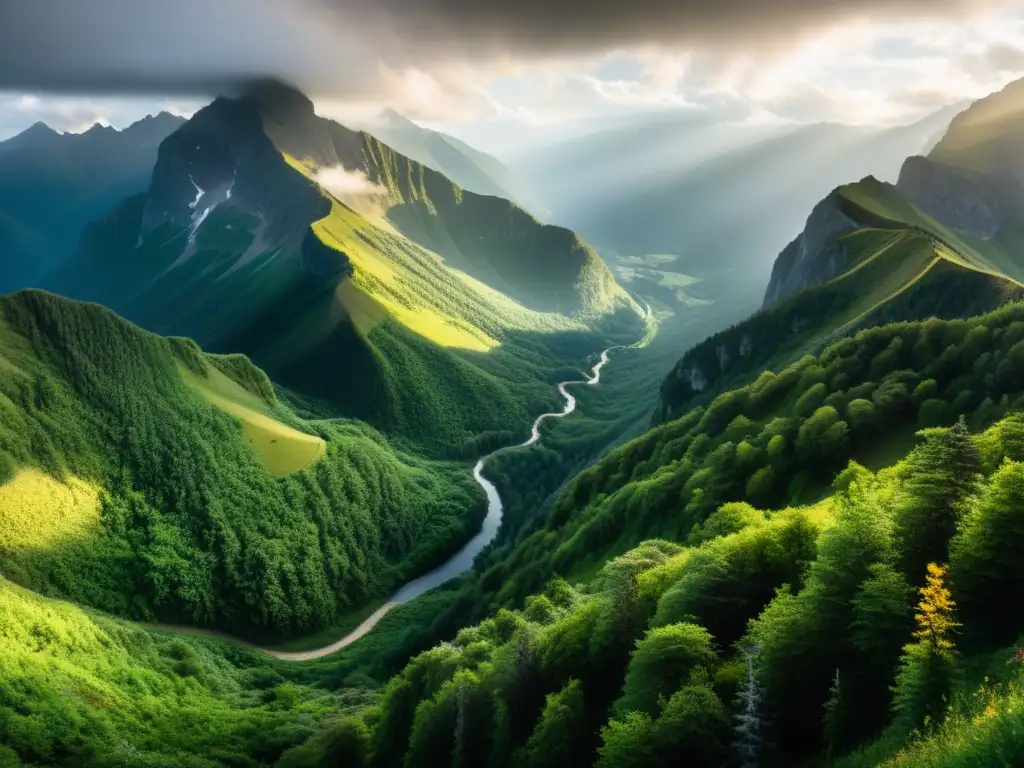 Vista panorámica de montañas misteriosas con nubes y vegetación exuberante, iluminadas por la cálida luz dorada