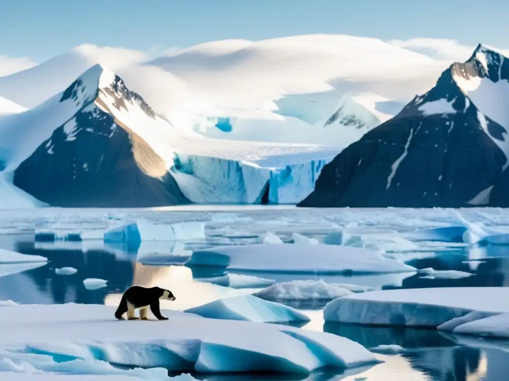 Vista panorámica de paisaje ártico o antártico con montañas nevadas, glaciares y fauna, reflejando la belleza y fragilidad del ecosistema polar