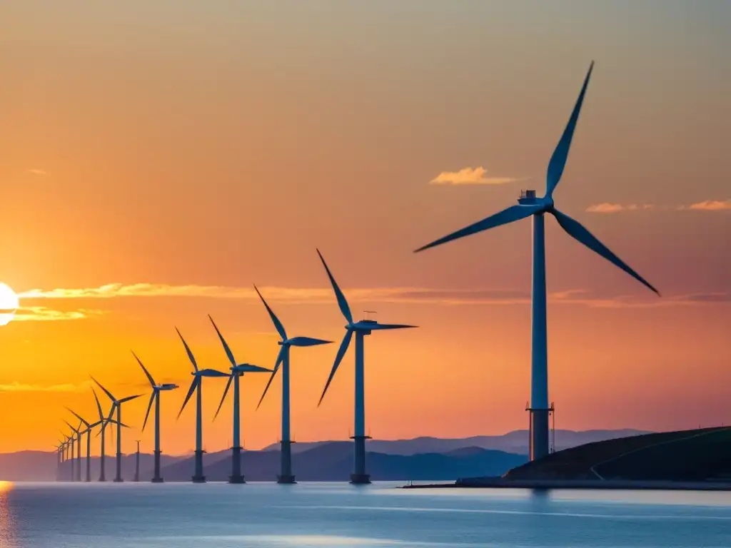 Vista panorámica de un paisaje costero con energía eólica en ecosistemas diversos, turbinas en movimiento y atardecer dorado sobre el mar