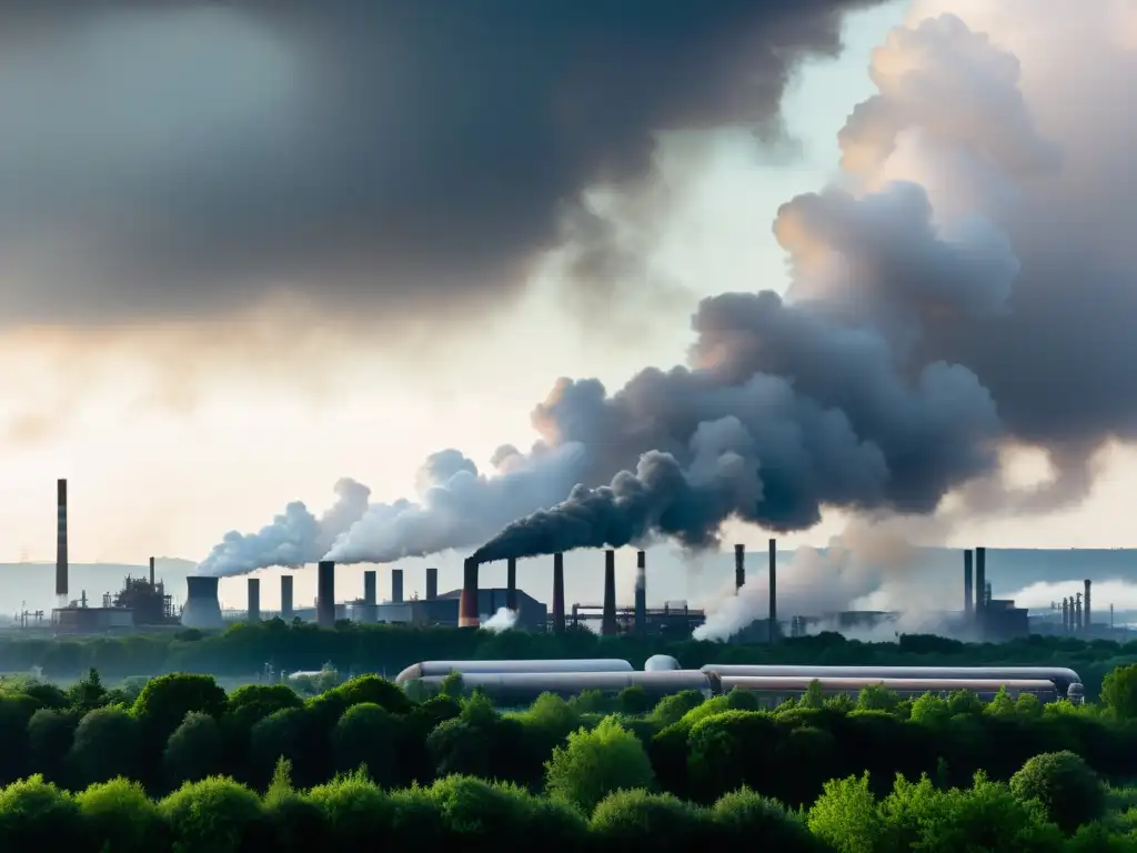 Vista panorámica de paisaje industrial, con humo oscuro y lush greenery, resaltando la necesidad de gadgets ecológicos tecnología naturaleza