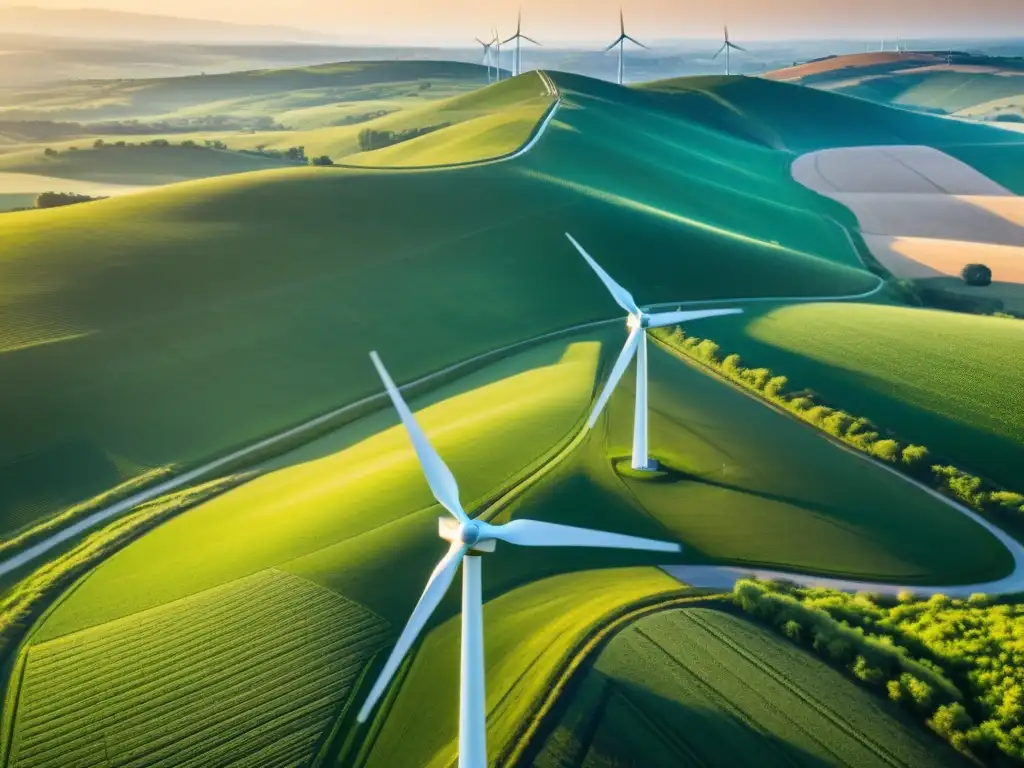 Vista panorámica de un paisaje sereno y bañado por el sol con colinas verdes y molinos de viento futuristas