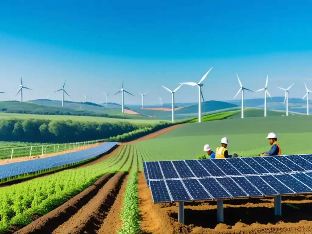 Vista panorámica de paisaje verde con plantación de árboles y energía renovable, reflejando políticas públicas para bonos verdes