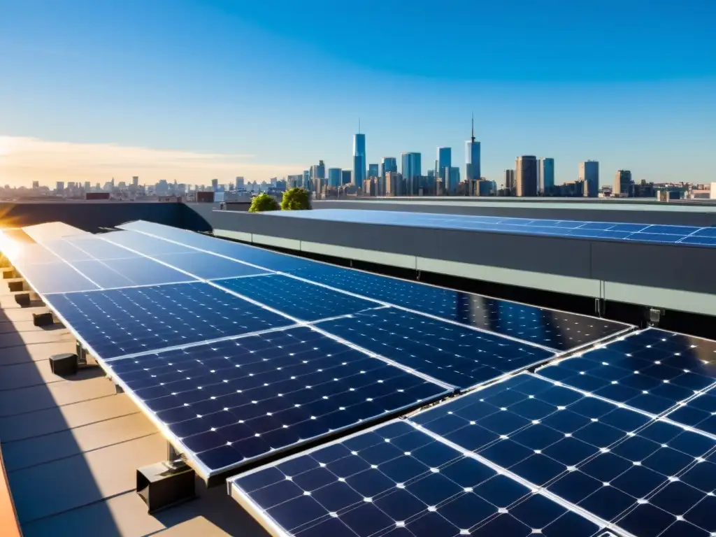 Vista panorámica de paneles solares en un tejado urbano, reflejando la luz del sol sobre la ciudad