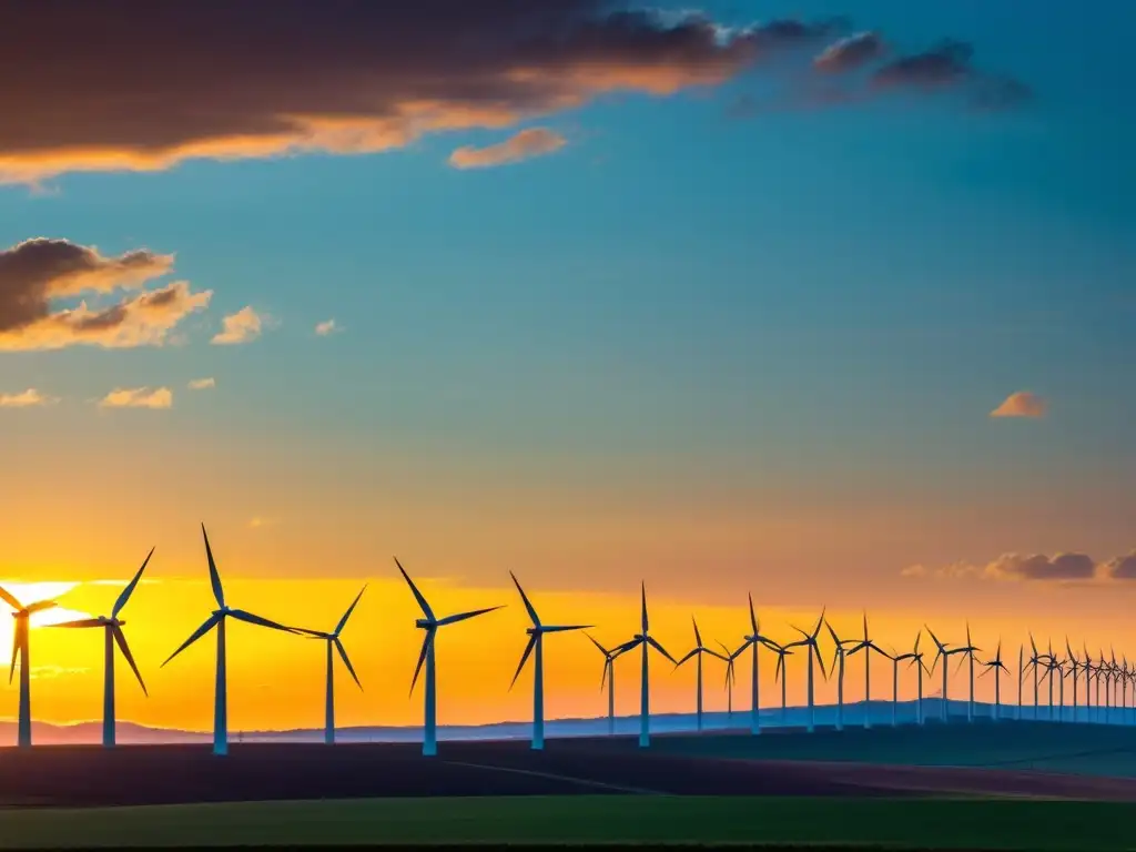 Vista panorámica de un parque eólico al atardecer, con majestuosos aerogeneradores silueteados contra el cielo colorido